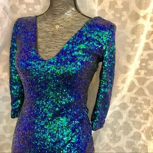 Windsor Blue Green Sequin Plunge Mini Dress Sz S